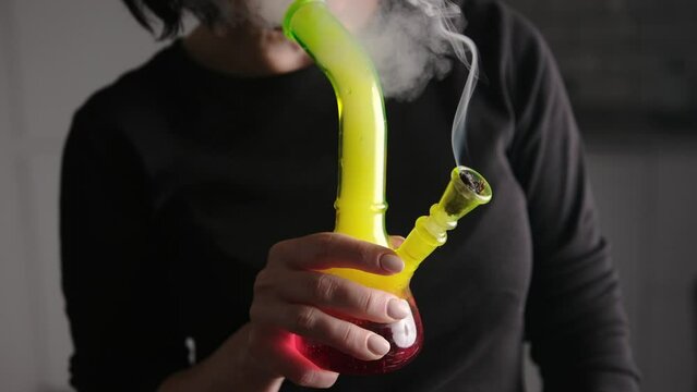 Girl Lights Up Smoking Cbd Weed Marijuana With Bong, Cbd Smoking Good Soothing Remedy For Depression