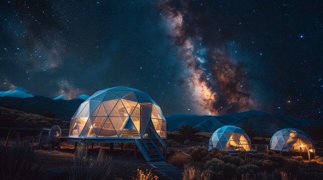 A dreamy escape awaits in these ethereal geodesic domes perfect for a sleep tourism adventure under the brilliant night sky. 2d flat cartoon.