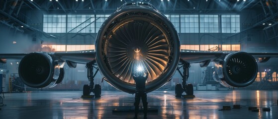 As a mechanic inspects a plane engine in a hangar with a flash light, she uses a flashlight.