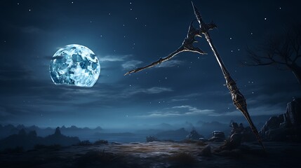 A solitary arrow, suspended in time as it awaits the command to unleash its potential with deadly accuracy, contrasted against the serene beauty of a moonlit night - obrazy, fototapety, plakaty