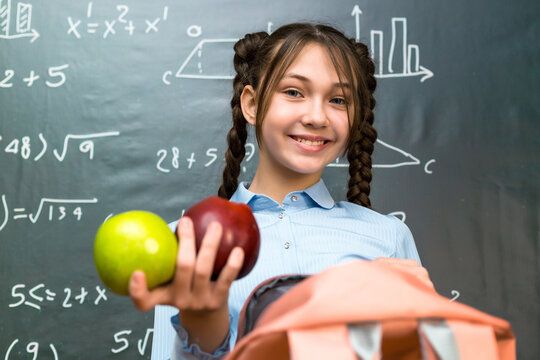 Schoolgirl girl enjoys lunch of ripe apples.
