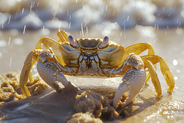 A crab scuttling across the golden sand, its legs moving in a rhythmic dance. Its shell, adorned with intricate patterns, glistens in the sunlight as it catches the glint of the waves crashing nearby - obrazy, fototapety, plakaty