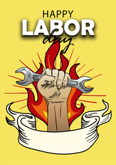 Happy Labor Day Drawing Hand, Fist and Wrench for Poster