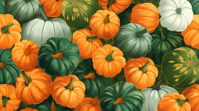 Flat illustration background of orange and green pumpkins fall harvest