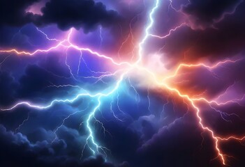 Colorful lightning bolts and electrical discharge in a dark, stormy sky