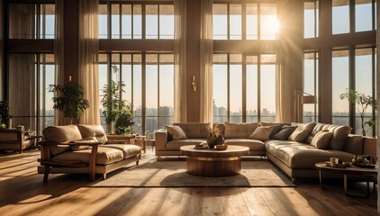 beige wood theme penthouse living room luxury unit with sofa and morning sunlight rays from Generative AI - obrazy, fototapety, plakaty