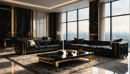 black marble theme penthouse living room luxury unit with sofa and morning sunlight rays from Generative AI - obrazy, fototapety, plakaty