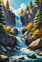 Cascade waterfall in the forest, rocks and mountains, flowing water stream river. Storybook illustration