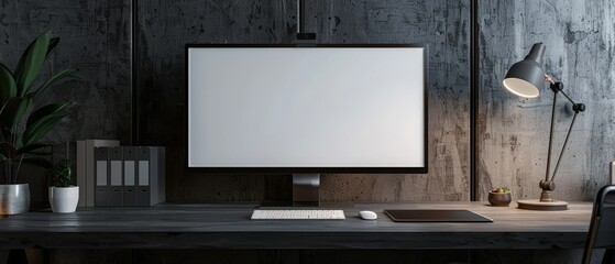 Computer mockup on black table with blank screen.