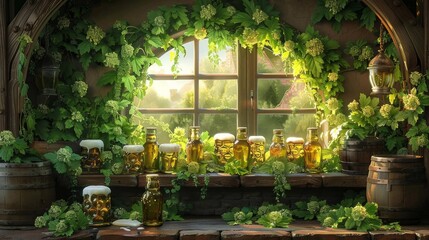 A window sill with a bunch of beer bottles and some plants, AI