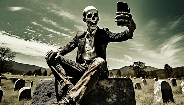 Zombie sat on gravestone in country graveyard taking a selfie of himself with a smartphone