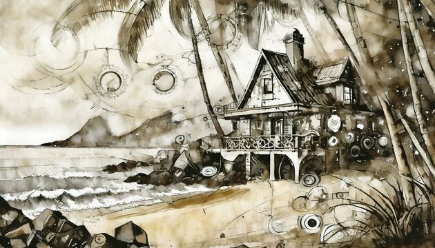 Artistic drawing of a seafront house, beautiful, tranquil paradise architecture