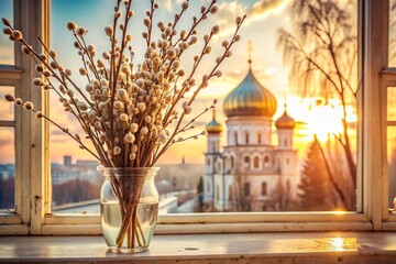 Obraz premium Palm Sunday. A close-up of a willow bouquet in a glass vase against the background of an ancient white window with a view of the golden domes of the temple and the setting sun.
