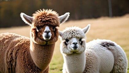 Naklejka premium Two fluffy alpaca or llama-like animals with soft, curly fur in a field