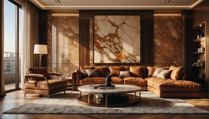 brown marble theme penthouse living room luxury unit with sofa and morning sunlight rays from Generative AI