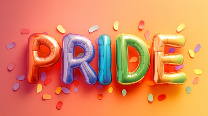 Rainbow LGBTQ+ Pride Month Sign. Colorful Balloon Letters, Text Effects. Glossy Folio, Bubble, 3d Cartoon, Retro, Disco, Fun. Poster, Header, Banner, Background. Festival, Parade, Party, Social Media.