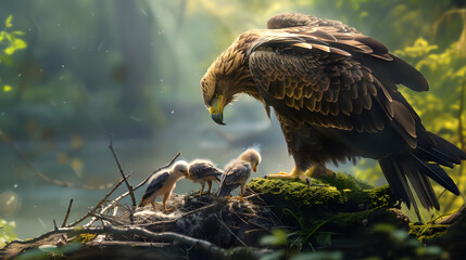 Boundless Avian Maternal Love - Sustaining Fragile Fledglings in Sylvan Eden - obrazy, fototapety, plakaty