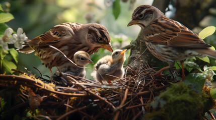 Boundless Avian Maternal Love - Sustaining Fragile Fledglings in Sylvan Eden - obrazy, fototapety, plakaty