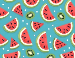 Colorful pattern with watermelon and kiwi slices on a teal background with white polka dots