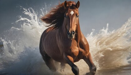 A brown horse running through water, kicking up splashes, with its mane blowing in the wind
