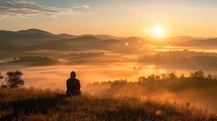 A solitary figure sitting atop a hill, watching the sunrise over a mist-covered valley, contemplating the possibilities of a new day.
