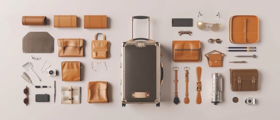 An effervescent suitcase with travel accessories floating over a white background. Travel concept. 3d rendering.