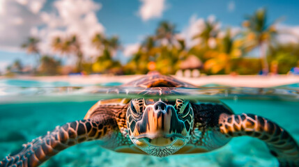 Sea turtle swim underwater with beach palm trees on the background.