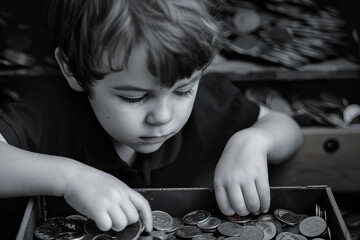 A child drops coins into a savings box - an early lesson in the value of money and the lifelong habit of saving