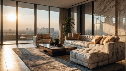minimalist marble theme penthouse living room luxury unit with sofa and morning sunlight rays from Generative AI