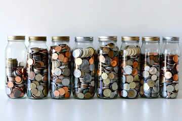 Coins sorted into jars by spending category
