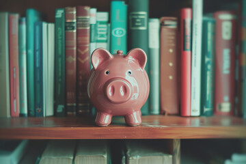 A piggy bank sits among financial books on a shelf - symbolizing the ongoing journey of learning and growth in personal finance management