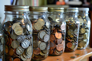 Coins sorted into jars by spending category offer a tangible method to visualize and allocate funds - blending expenses with savings