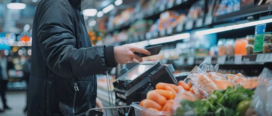 In the supermarket, customers pay for their food items by using their smartphones. Friendly cashiers, compact lines, and modern wireless NFC terminal systems are all parts of a big shopping mall with - obrazy, fototapety, plakaty