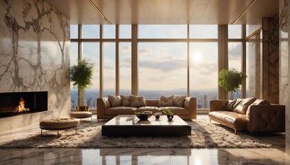 modern marble theme penthouse living room luxury unit with sofa and morning sunlight rays from Generative AI - obrazy, fototapety, plakaty