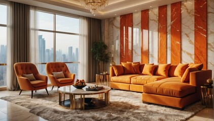 orange marble theme penthouse living room luxury unit with sofa and morning sunlight rays from Generative AI - obrazy, fototapety, plakaty