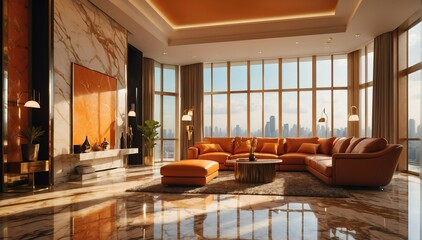 orange marble theme penthouse living room luxury unit with sofa and morning sunlight rays from Generative AI - obrazy, fototapety, plakaty