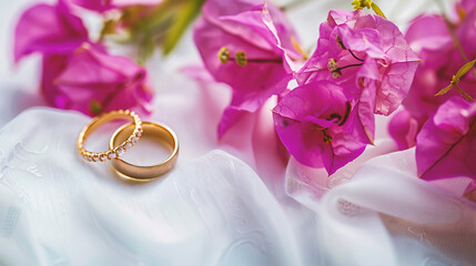 Wedding rings and flowers on white background