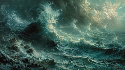 A stormy sea with waves crashing against rocky shores, mirroring the turbulence of emotions within the depths of the mind. - Powered by Adobe