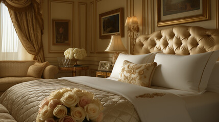 Luxurious classic bedroom interior with golden accents.