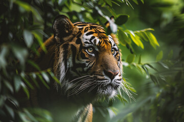 Fototapeta premium Close-up of a tiger looking at the camera in the jungle