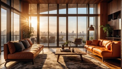 orange wood theme penthouse living room luxury unit with sofa and morning sunlight rays from Generative AI - obrazy, fototapety, plakaty
