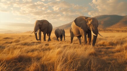 An HD Elephant family marching in unison across the vast African plains, a symbol of strength and unity