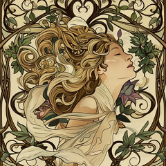 Create a visually stunning Art Nouveau-inspired poster featuring a sinuous