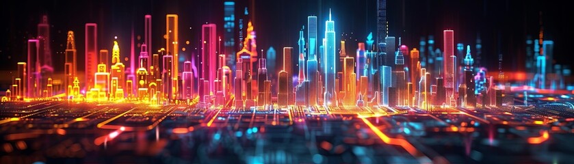 A creative conceptual art piece representing the stock market as a neon-lit cityscape, where each building s height and color correspond to different stock performances