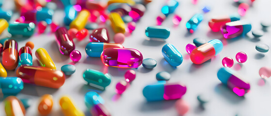Multicolored capsules strewn on white surface, vibrant contrasting hues