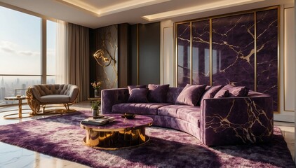 purple marble theme penthouse living room luxury unit with sofa and morning sunlight rays from Generative AI - obrazy, fototapety, plakaty