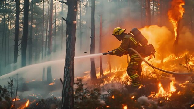 Experienced firefighter extinguishing a wildland fire by spraying water on a forest. Fireman battling forest fire concept. Ai Footage.