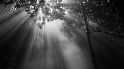 Black and white photography of the Sun light in forest, dark. Landscapes photography