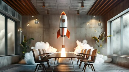 Rocket launch in meeting room, concept of successful startup and new ideas. Ai Footage.