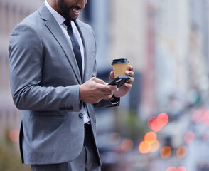 Phone, search or businessman with coffee in city for travel, chat or b2b client communication....